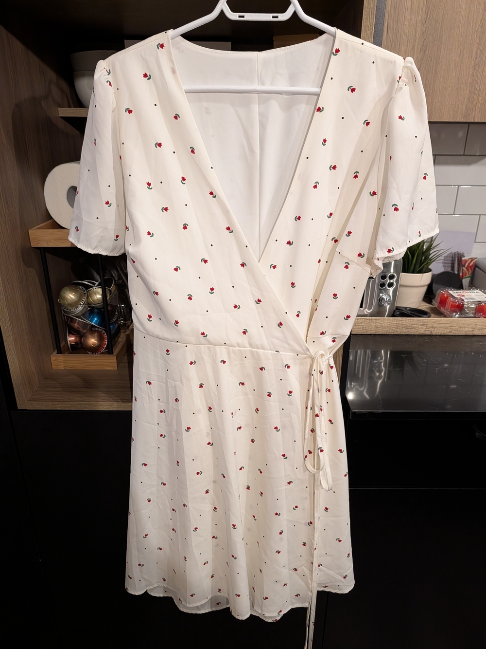 Women's Cream Wrap Dress with Red Floral Print